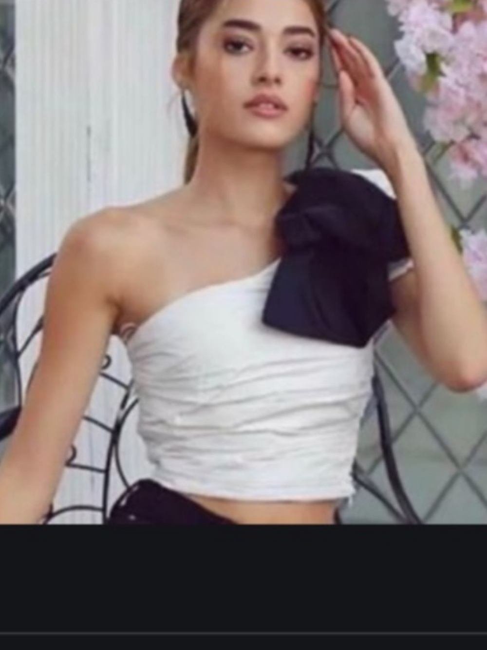 Zara One-Shoulder White Ruched Top with Black Bow Accent